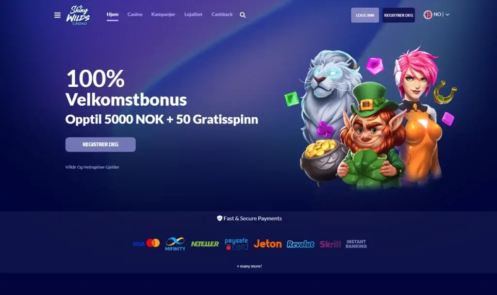 Forsiden til Shiny Wilds Casino viser betalingsmetoder som man benytte seg. PayDo er inkludert på listen når du logger deg inn. 