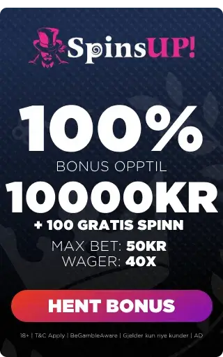 SpinsUp bonuspanel som viser velkomsttilbudet