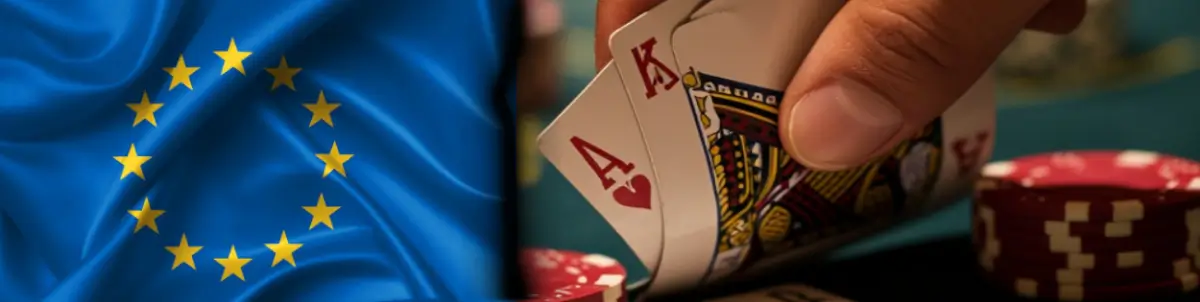 Banner for europeisk blackjack med flagg og kortspill.