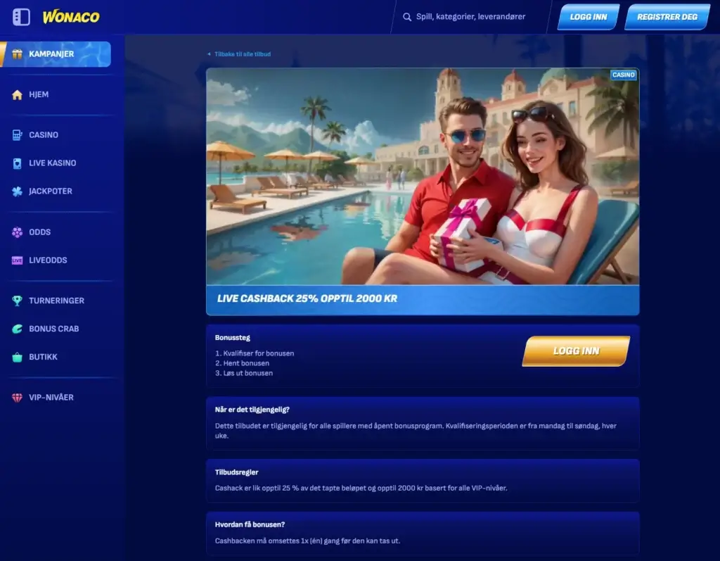Wonaco er et attraktivt valg for Martingale-spillere med cashback på live casinospiill, inkludert live roulette