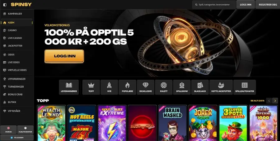 Spinsy sin norske startside.  Casino med VPN